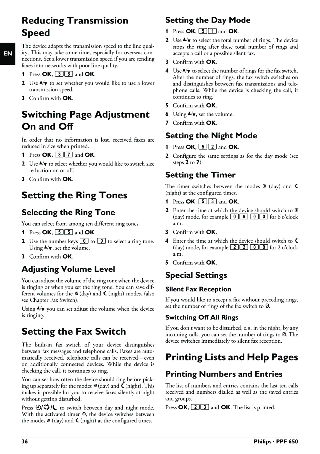 Philips PPF 650 user manual Reducing Transmission Speed, Switching Page Adjustment On and Off, Setting the Ring Tones 