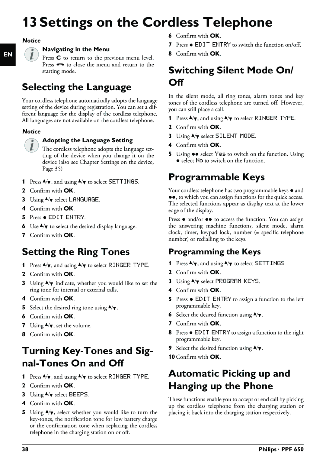 Philips PPF 650 user manual Settings on the Cordless Telephone, Switching Silent Mode On/ Off, Programmable Keys 