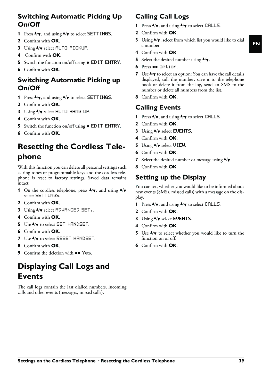 Philips PPF 650 user manual Resetting the Cordless Tele- phone, Displaying Call Logs and Events 