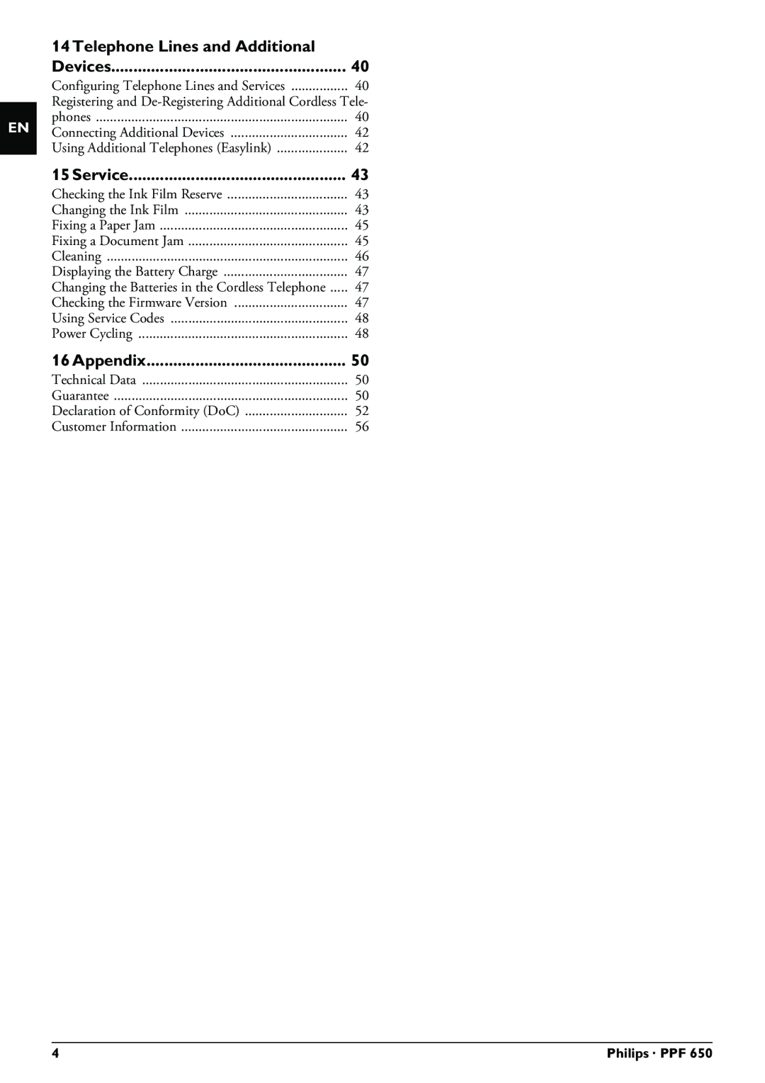 Philips PPF 650 user manual Telephone Lines and Additional Devices, Service, Appendix 