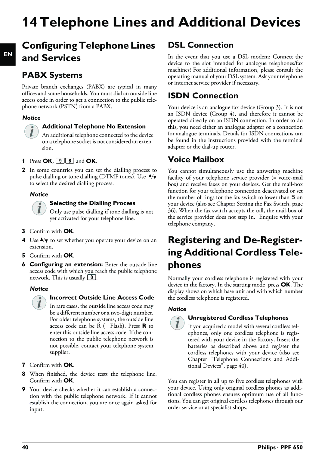 Philips PPF 650 user manual Telephone Lines and Additional Devices, Configuring Telephone Lines and Services 