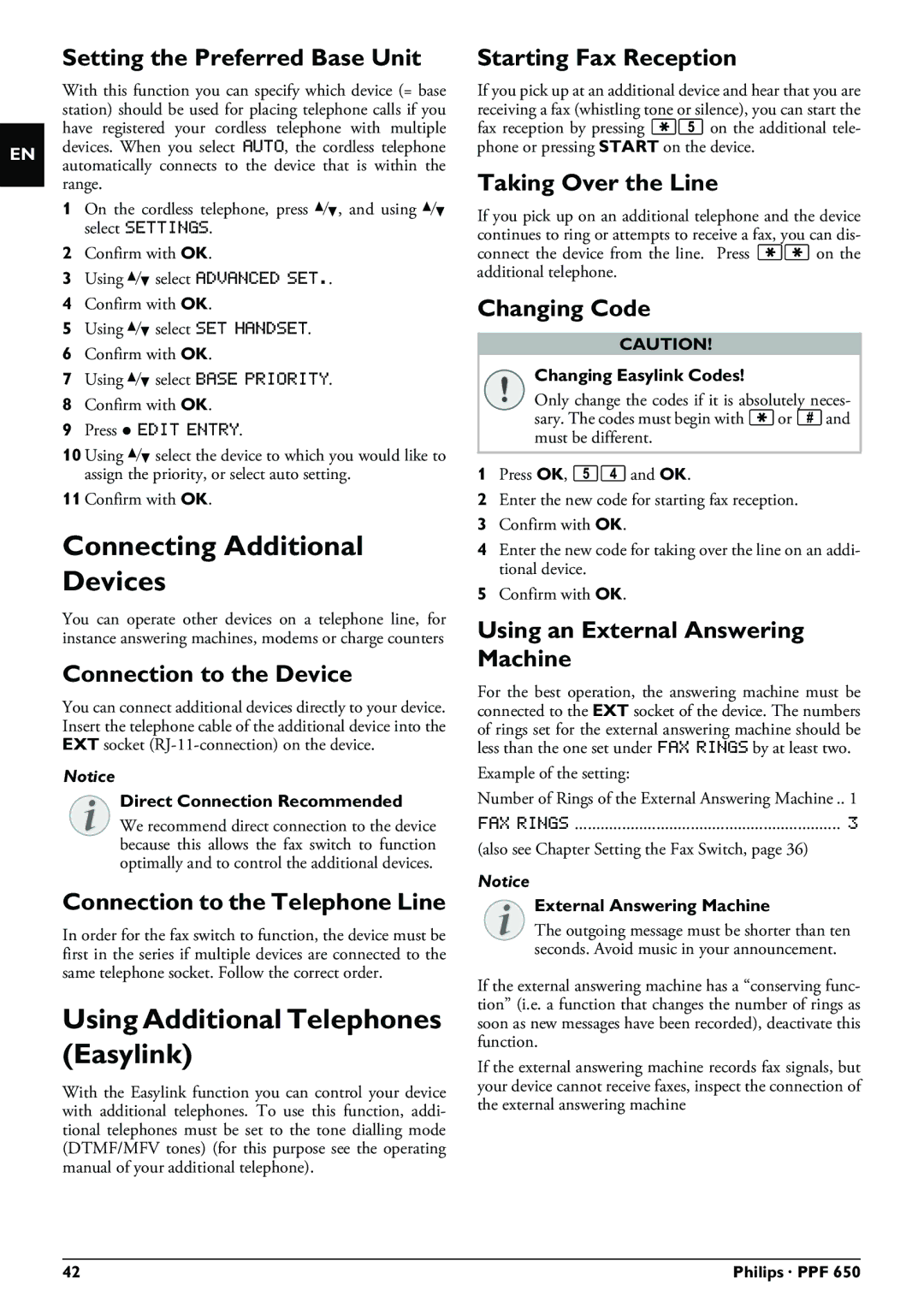 Philips PPF 650 user manual Connecting Additional Devices, Using Additional Telephones Easylink 