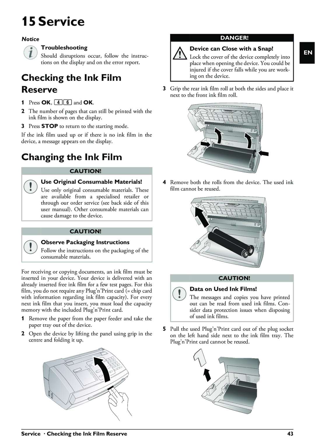 Philips PPF 650 user manual Service, Checking the Ink Film Reserve, Changing the Ink Film, Device can Close with a Snap 