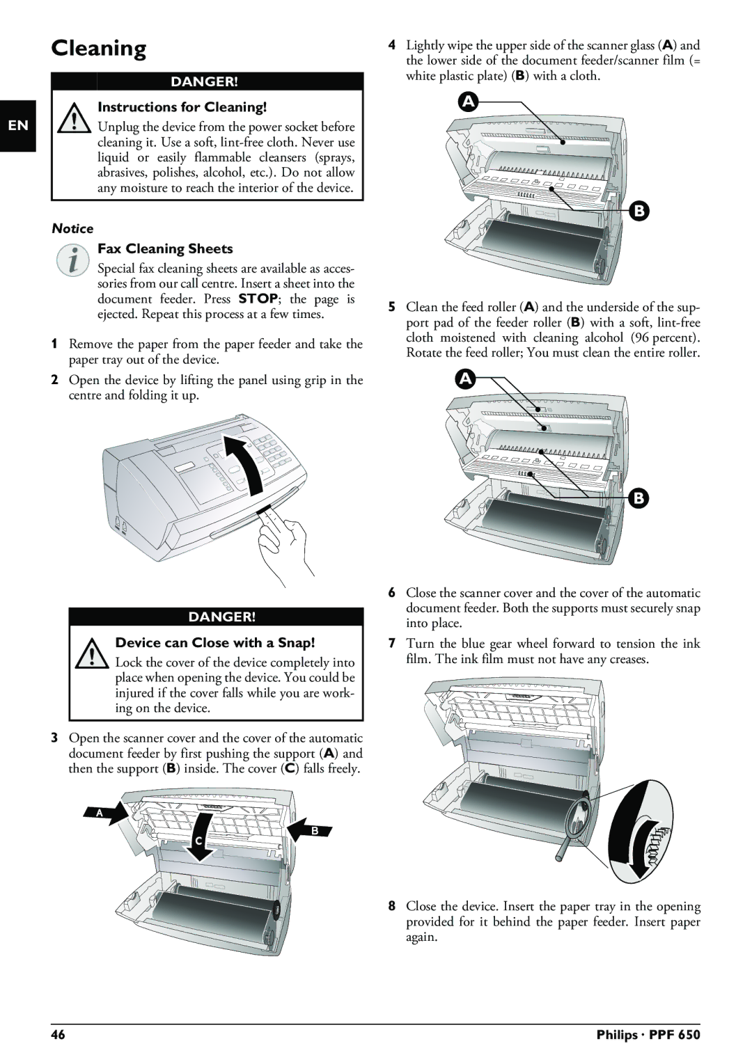 Philips PPF 650 user manual Instructions for Cleaning, Fax Cleaning Sheets 