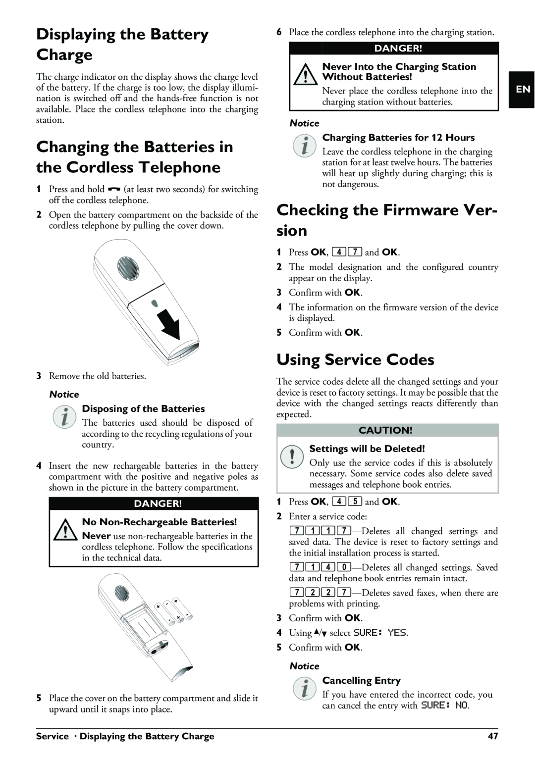 Philips PPF 650 Displaying the Battery Charge, Changing the Batteries in the Cordless Telephone, Using Service Codes 