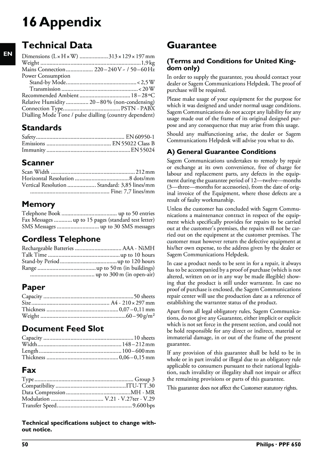 Philips PPF 650 user manual Appendix, Technical Data, Guarantee 