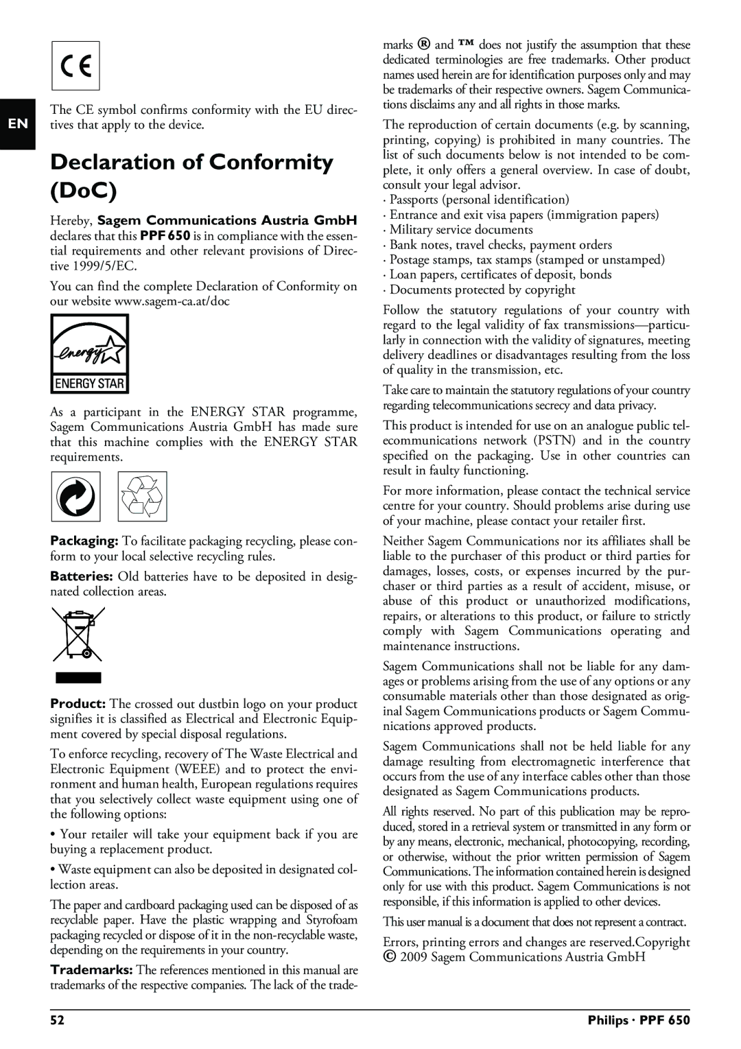 Philips PPF 650 user manual Declaration of Conformity DoC 