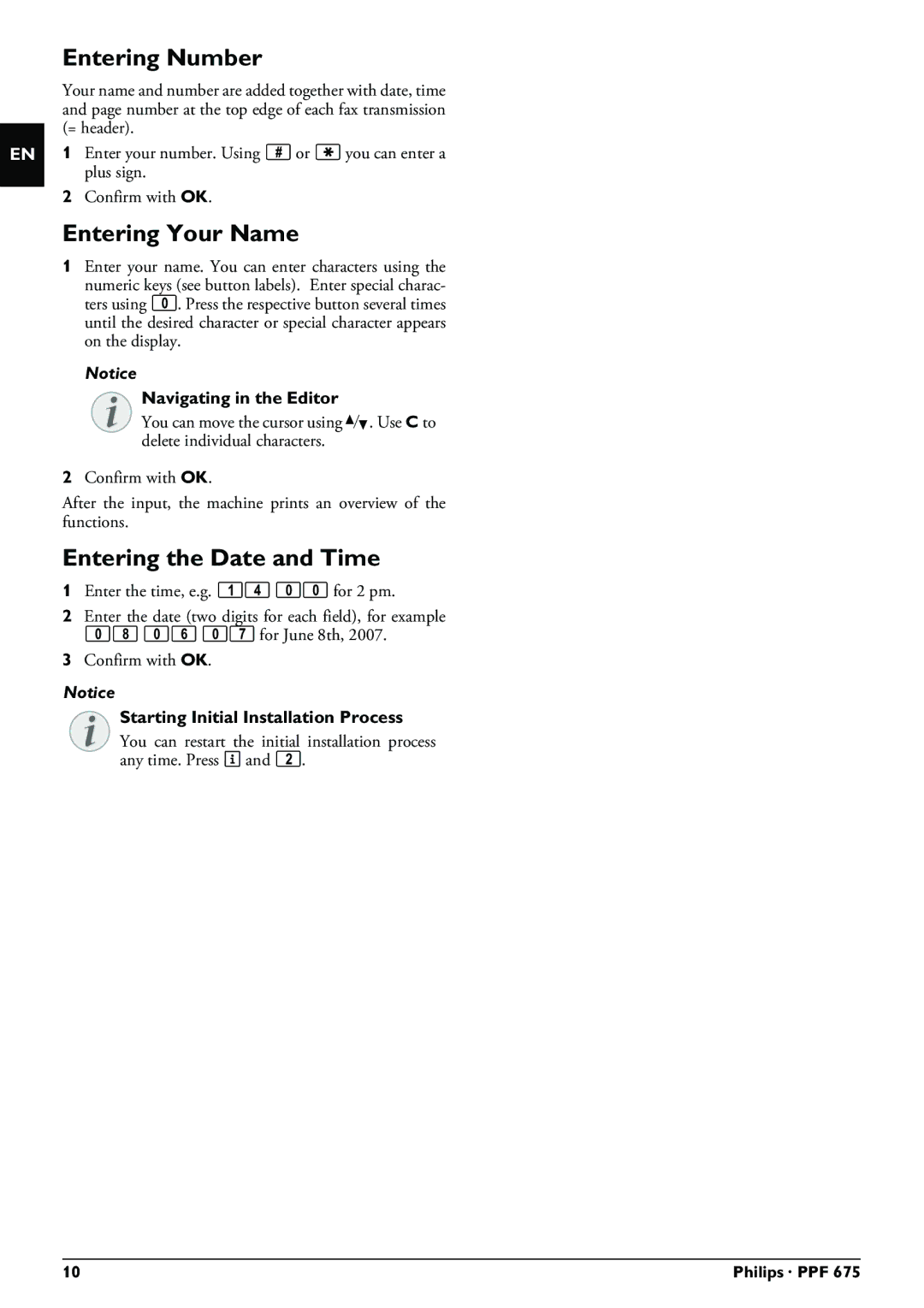 Philips PPF 675 user manual Entering Number, Entering Your Name, Entering the Date and Time, Navigating in the Editor 