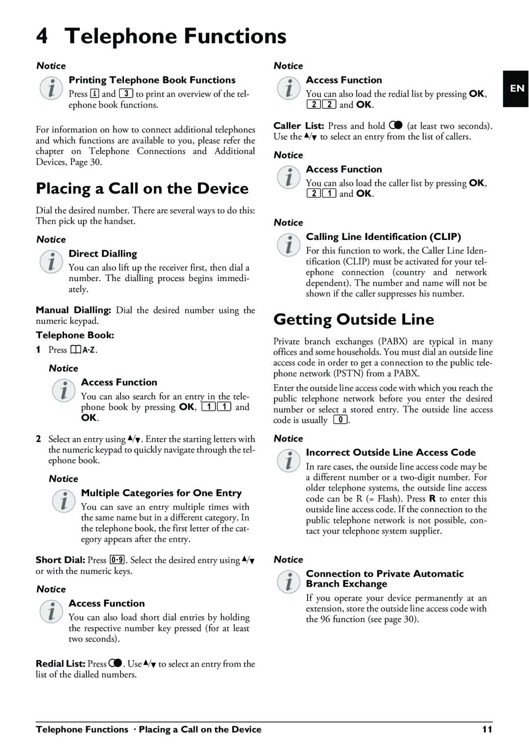 Philips PPF 675 user manual Telephone Functions, Placing a Call on the Device, Getting Outside Line 