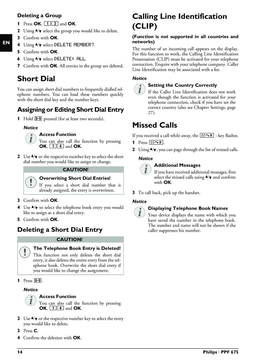 Philips PPF 675 Calling Line Identification Clip, Missed Calls, Deleting a Short Dial Entry, Deleting a Group 