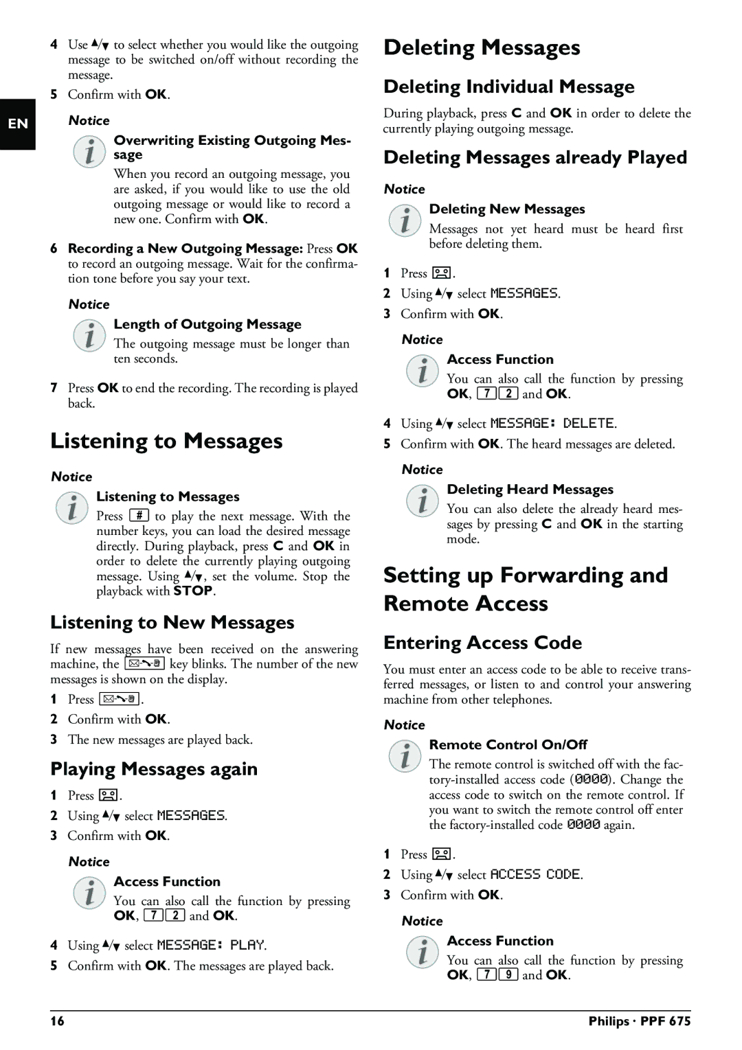 Philips PPF 675 user manual Listening to Messages, Deleting Messages, Setting up Forwarding and Remote Access 