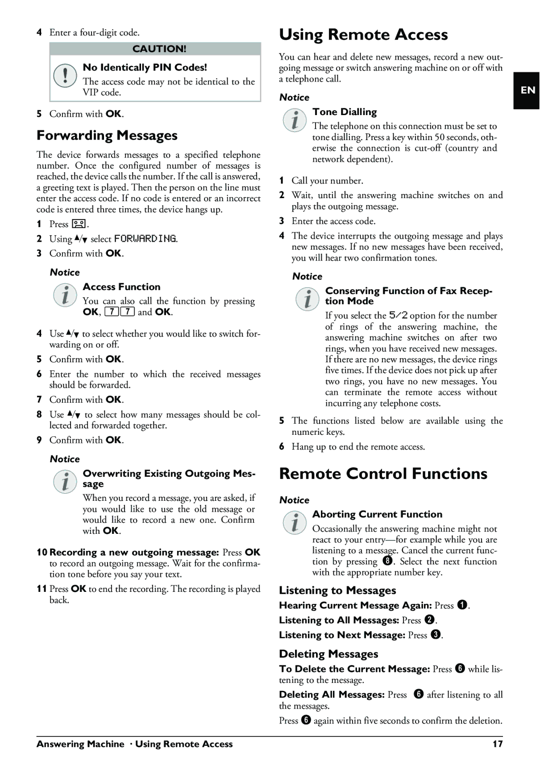 Philips PPF 675 user manual Using Remote Access, Remote Control Functions, Forwarding Messages, Listening to Messages 