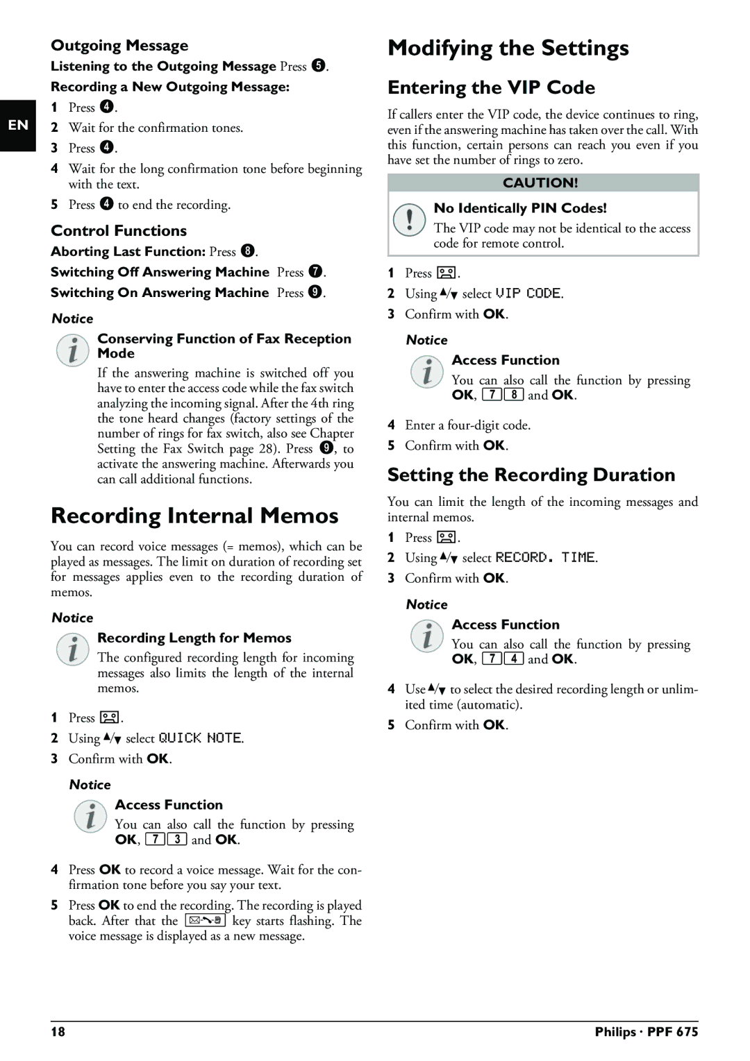 Philips PPF 675 Recording Internal Memos, Modifying the Settings, Entering the VIP Code, Setting the Recording Duration 