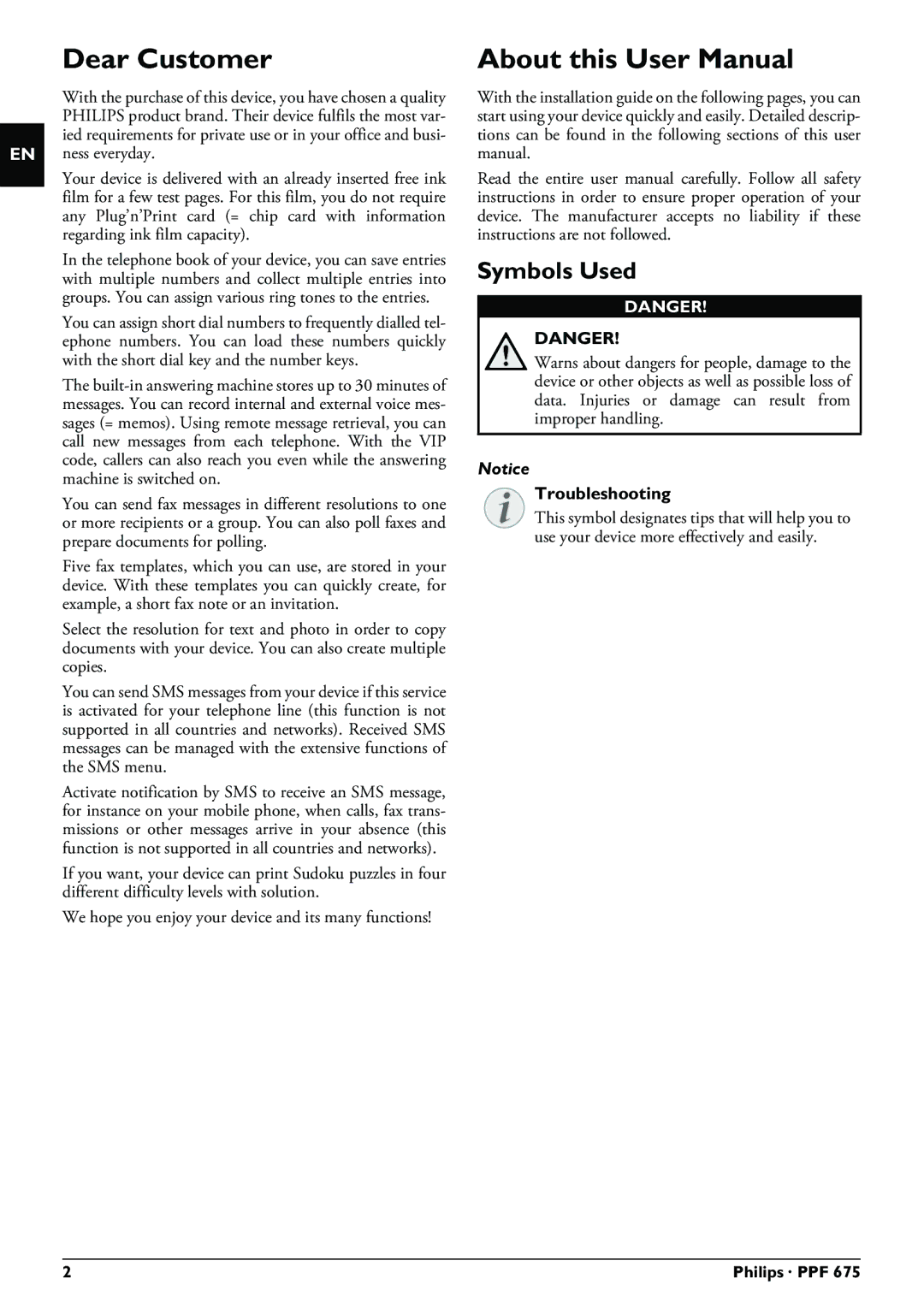 Philips PPF 675 user manual Dear Customer, Symbols Used, Troubleshooting 