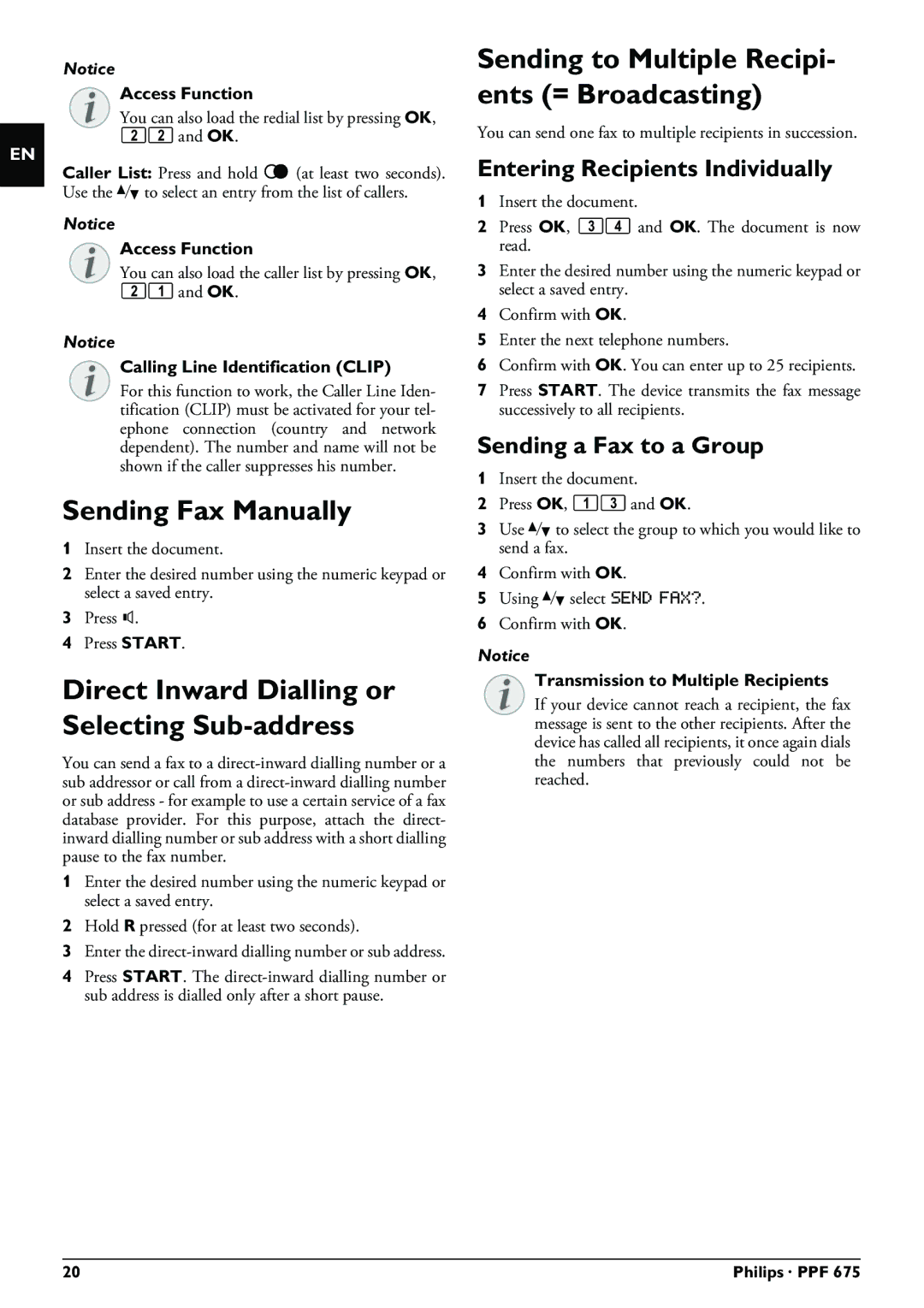 Philips PPF 675 Sending Fax Manually, Direct Inward Dialling or Selecting Sub-address, Entering Recipients Individually 