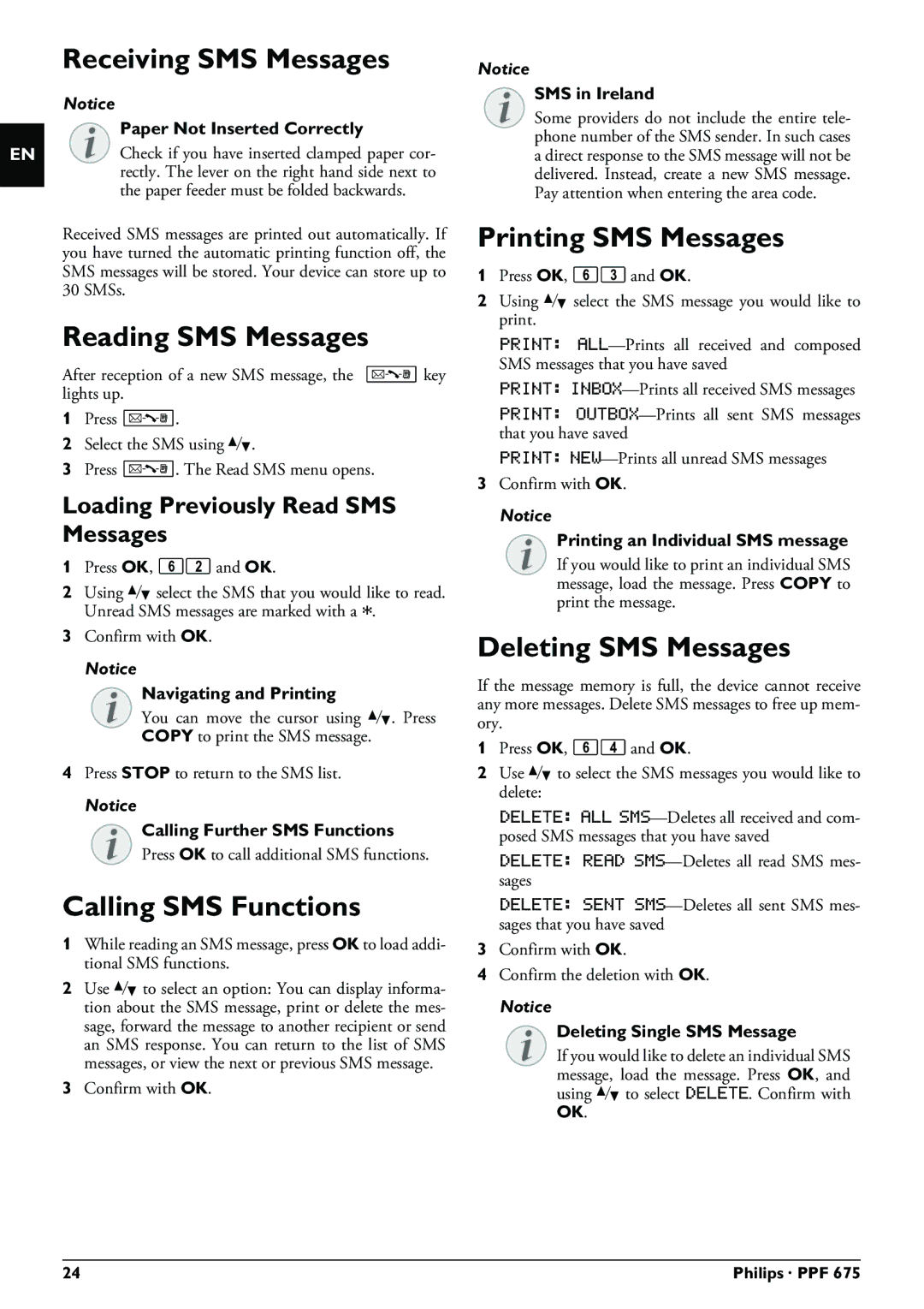 Philips PPF 675 user manual Receiving SMS Messages, Reading SMS Messages, Calling SMS Functions, Printing SMS Messages 