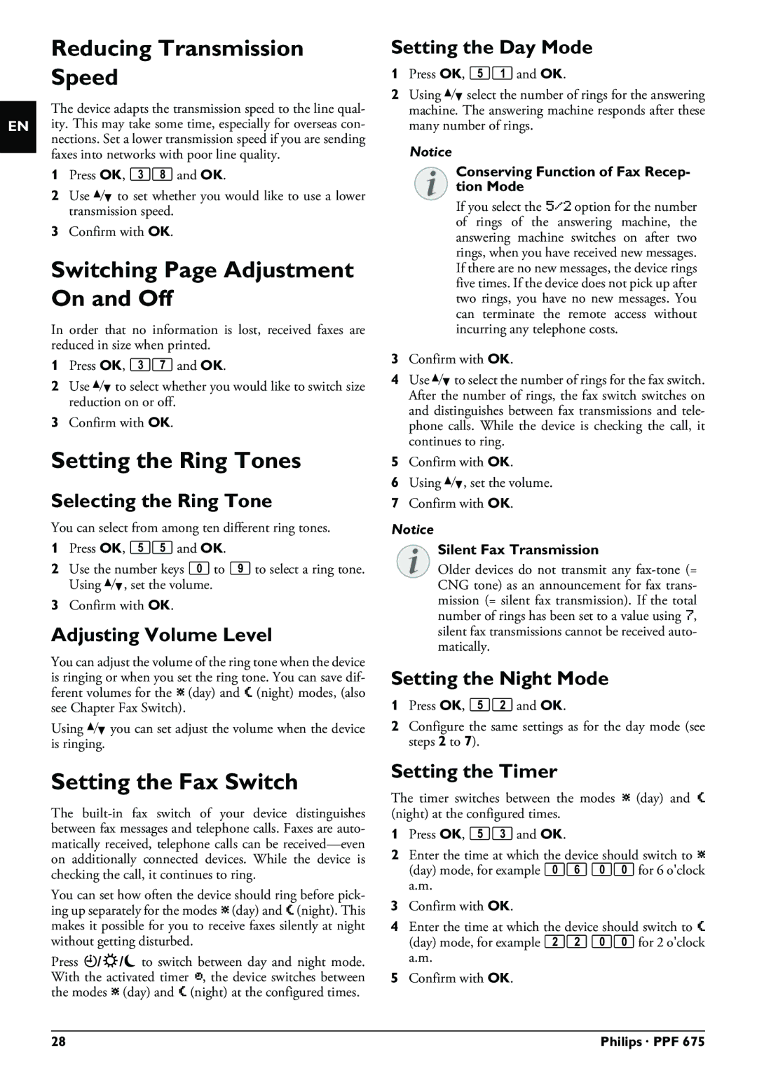 Philips PPF 675 user manual Reducing Transmission Speed, Switching Page Adjustment On and Off, Setting the Ring Tones 