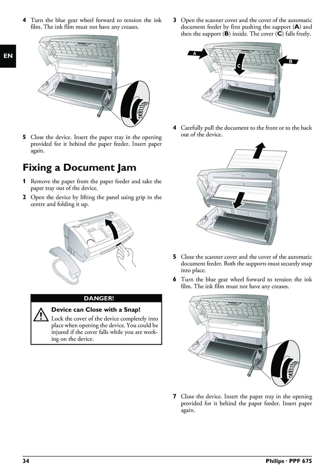 Philips PPF 675 user manual Fixing a Document Jam 