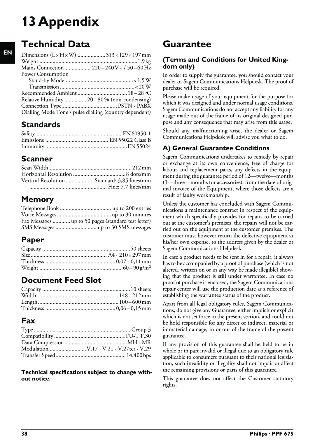 Philips PPF 675 user manual Appendix, Technical Data, Guarantee 