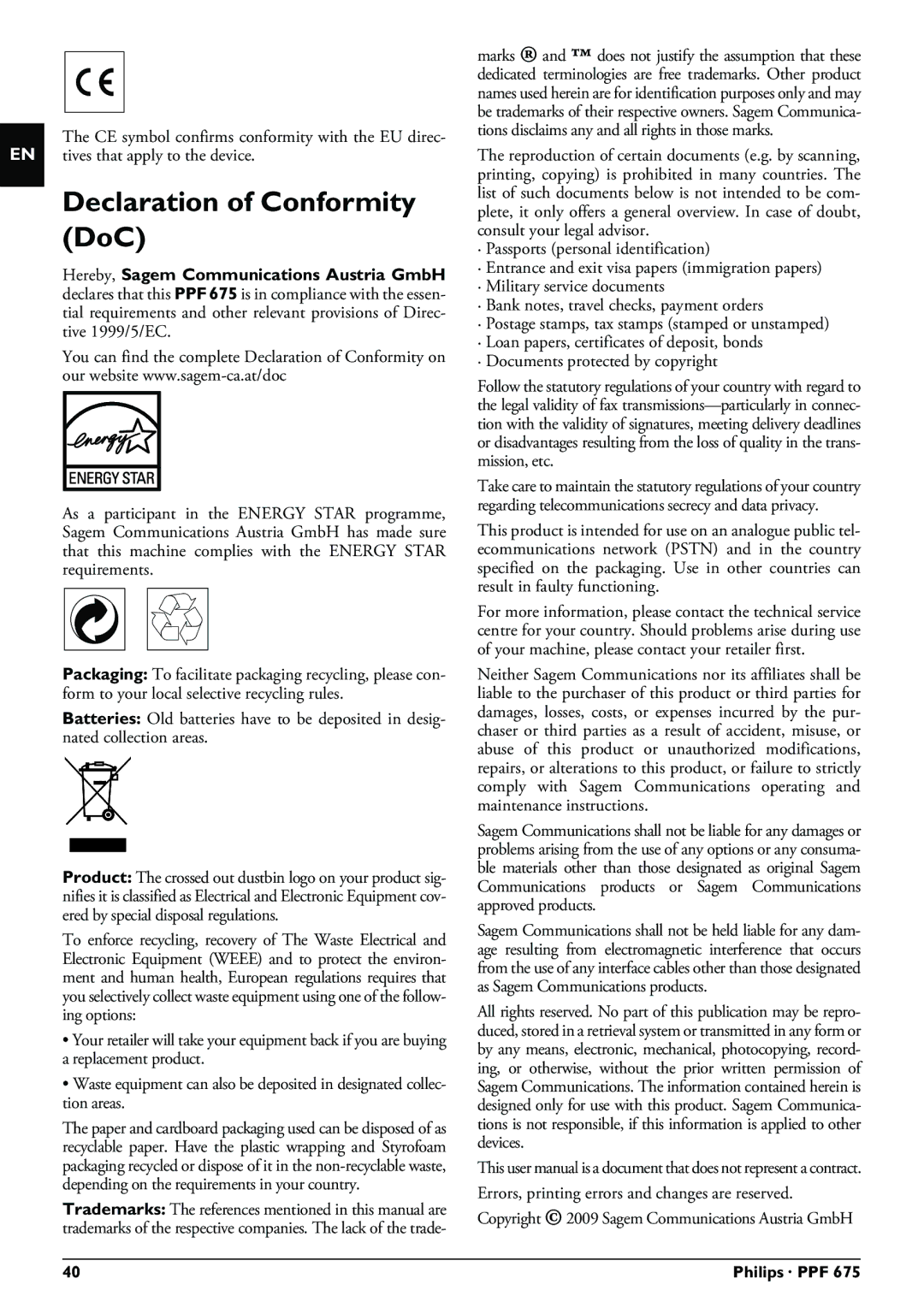 Philips PPF 675 user manual Declaration of Conformity DoC 