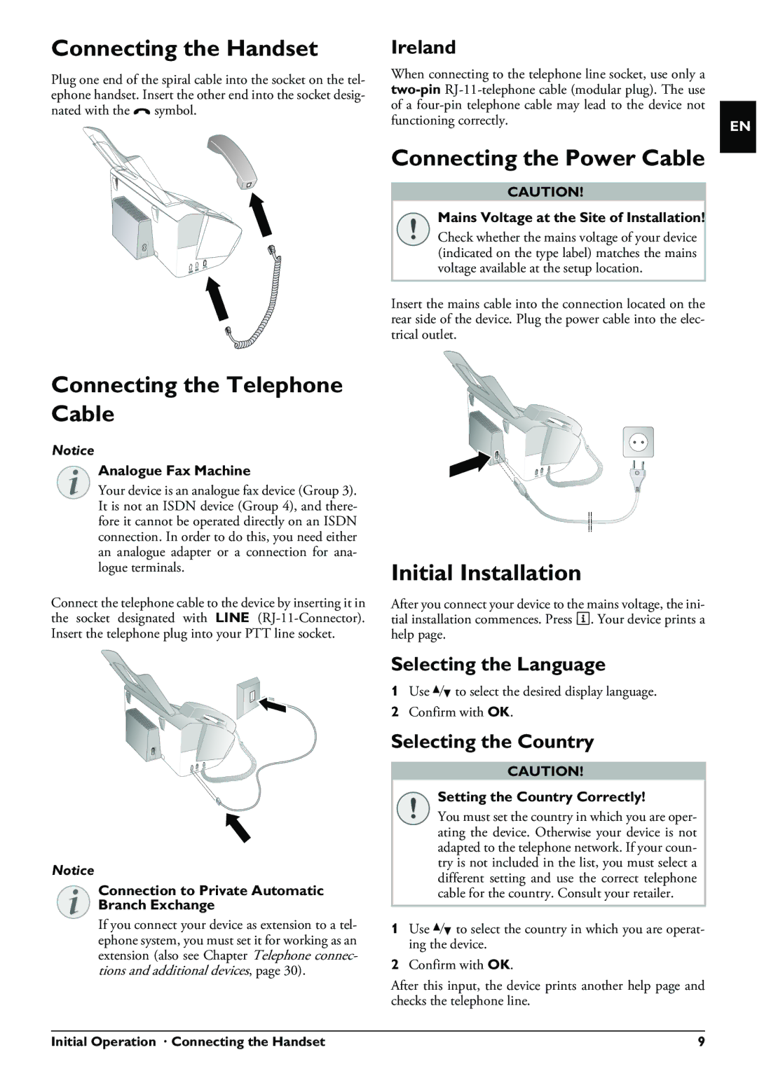 Philips PPF 675 Connecting the Handset, Connecting the Telephone Cable, Connecting the Power Cable, Initial Installation 