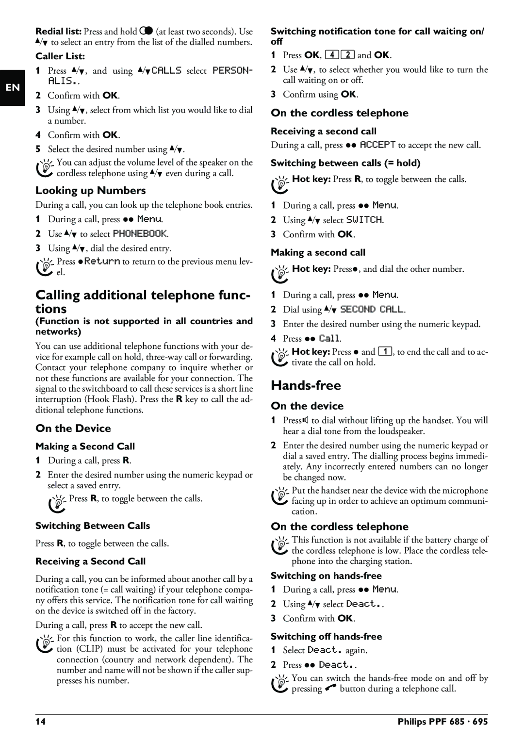 Philips PPF 685, PPF 695 user manual Calling additional telephone func- tions, Hands-free, Looking up Numbers, On the Device 