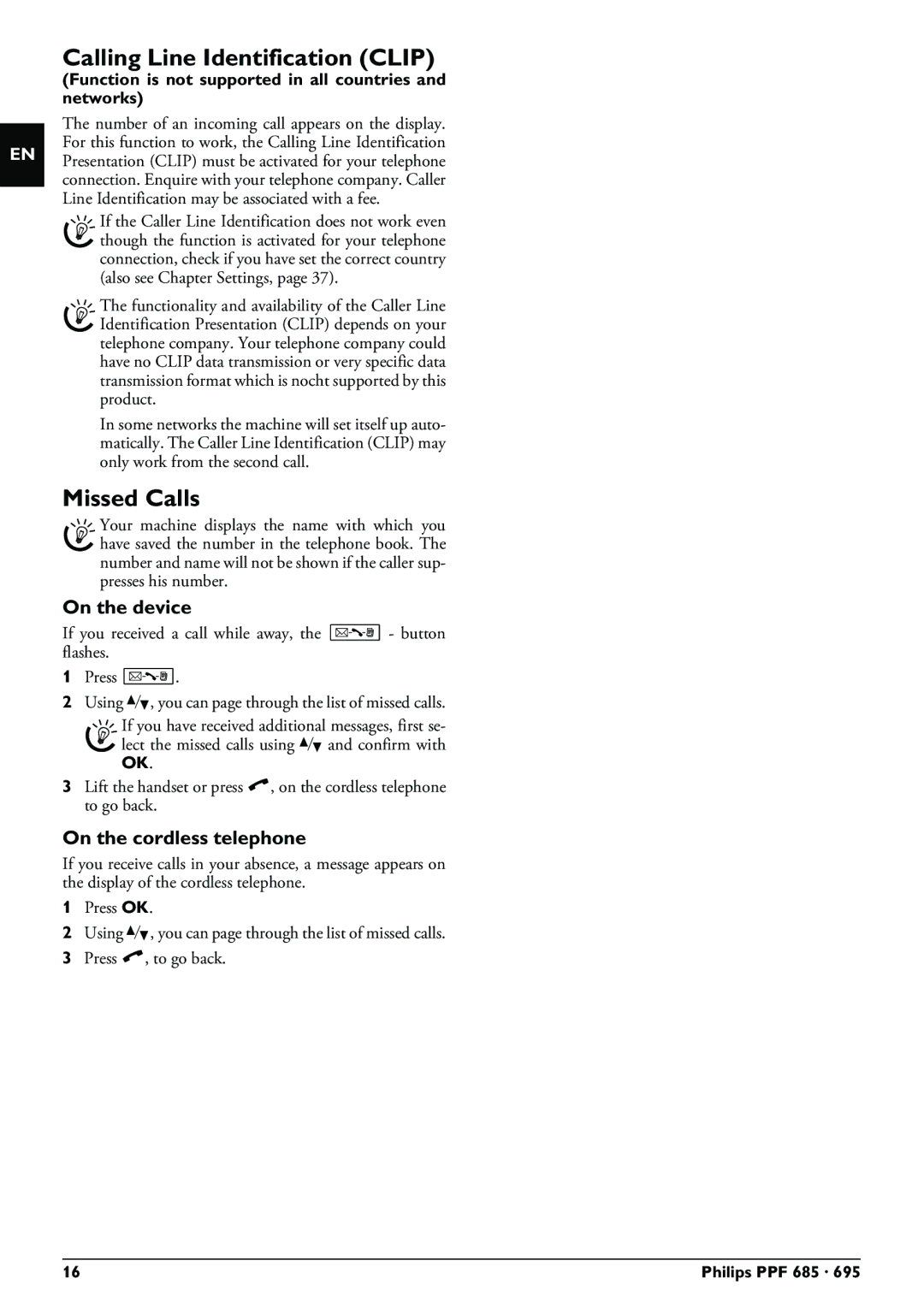 Philips PPF 685, PPF 695 user manual Calling Line Identification Clip, Missed Calls 