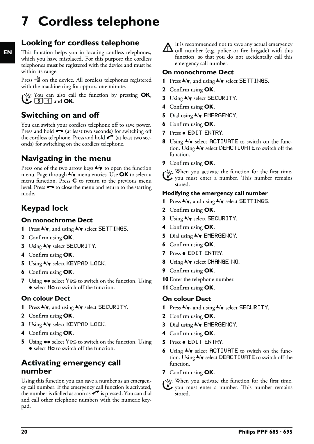 Philips PPF 685, PPF 695 user manual Cordless telephone 