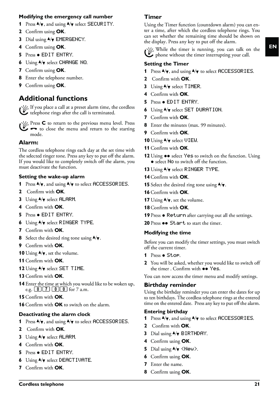 Philips PPF 695, PPF 685 user manual Additional functions, Alarm, Timer, Birthday reminder 