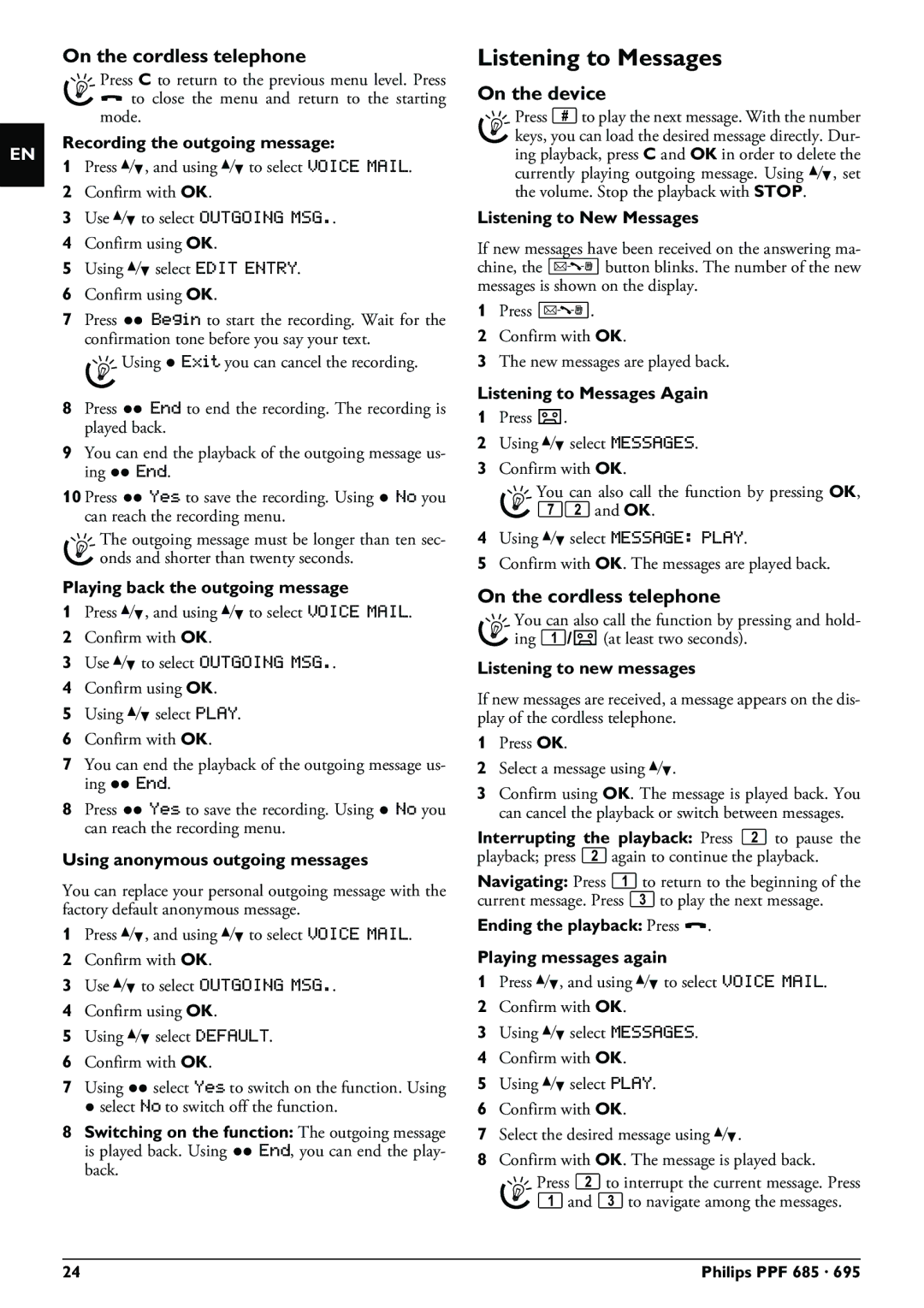 Philips PPF 685, PPF 695 user manual Listening to Messages 