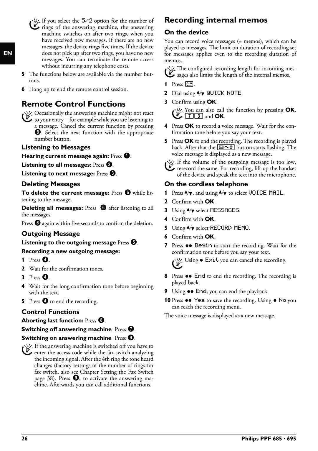 Philips PPF 685, PPF 695 user manual Remote Control Functions, Recording internal memos 