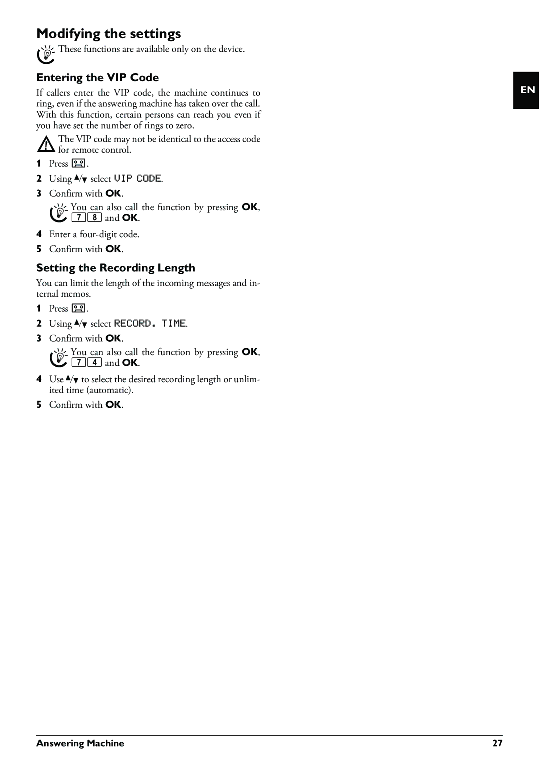 Philips PPF 695, PPF 685 user manual Modifying the settings, Entering the VIP Code, Setting the Recording Length 