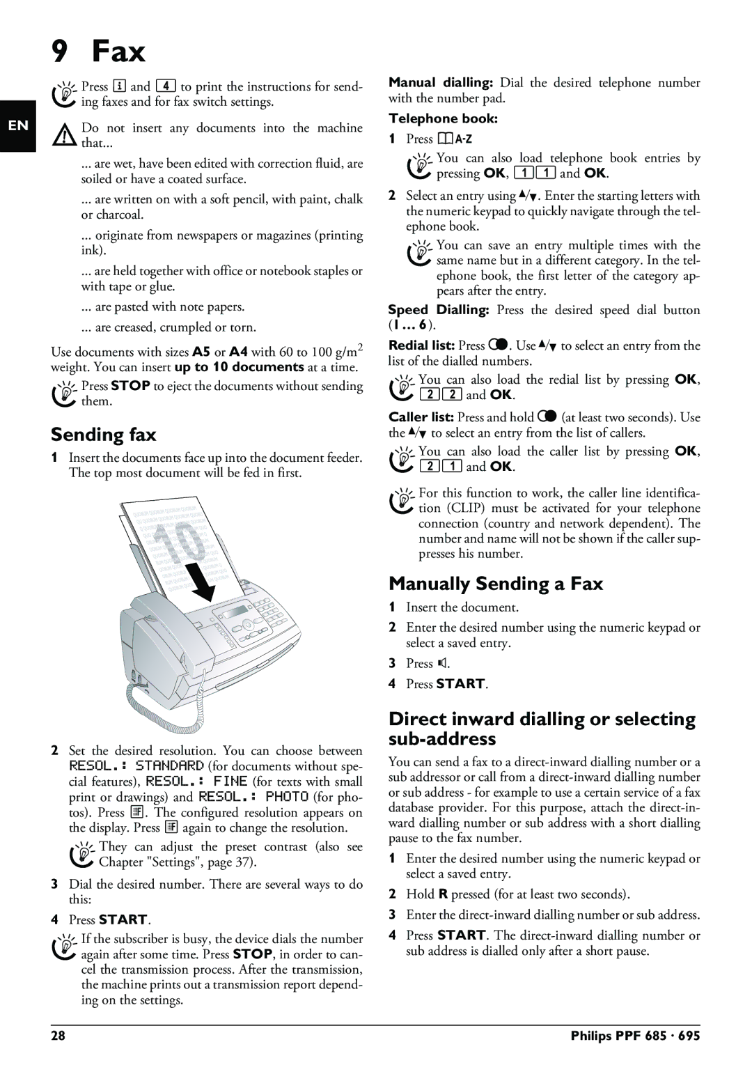 Philips PPF 685, PPF 695 Sending fax, Manually Sending a Fax, Direct inward dialling or selecting sub-address 