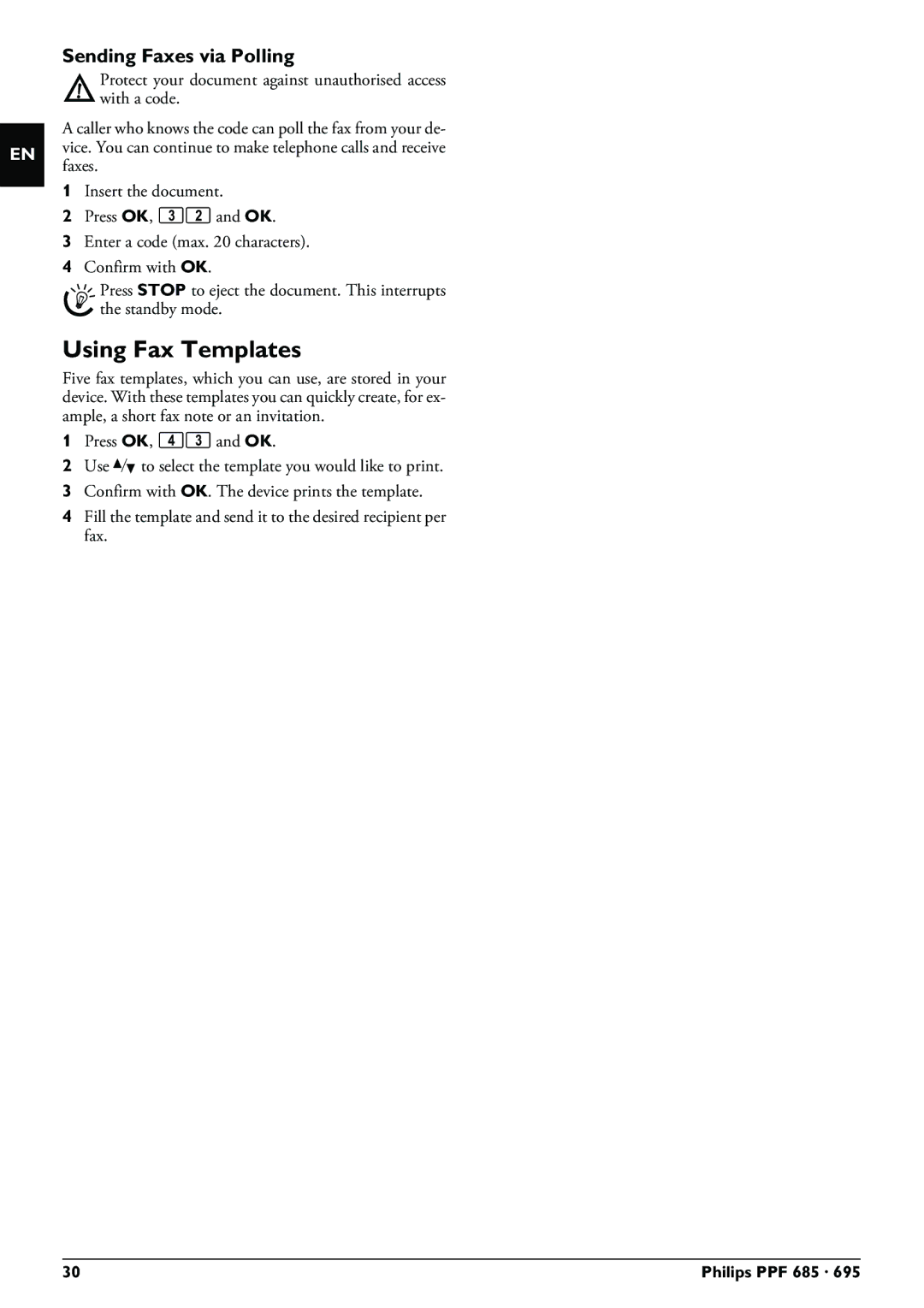 Philips PPF 685, PPF 695 user manual Using Fax Templates, Sending Faxes via Polling 