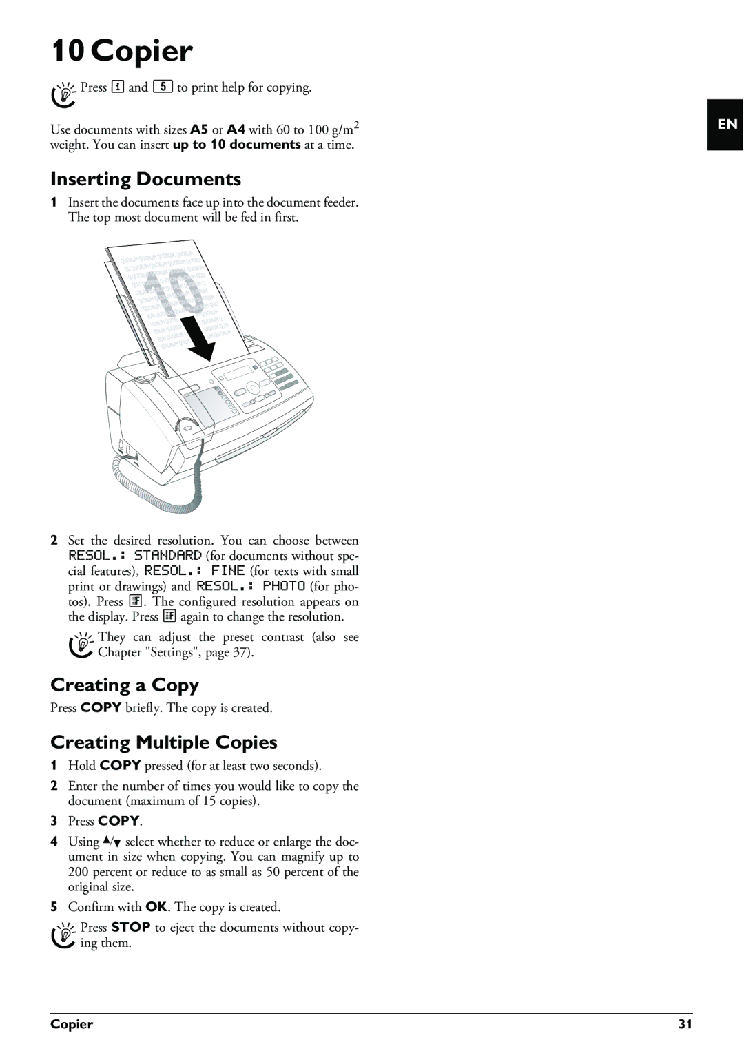 Philips PPF 695, PPF 685 user manual Copier, Inserting Documents, Creating a Copy, Creating Multiple Copies 