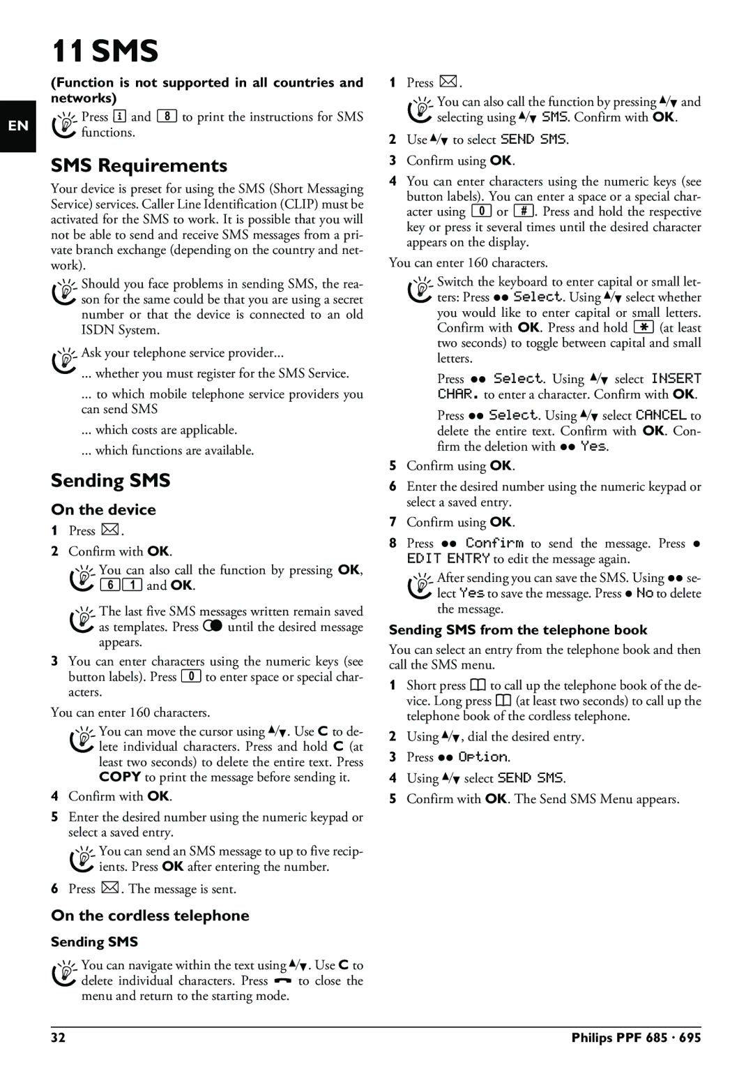 Philips PPF 685, PPF 695 user manual 11 SMS, SMS Requirements, Sending SMS from the telephone book 