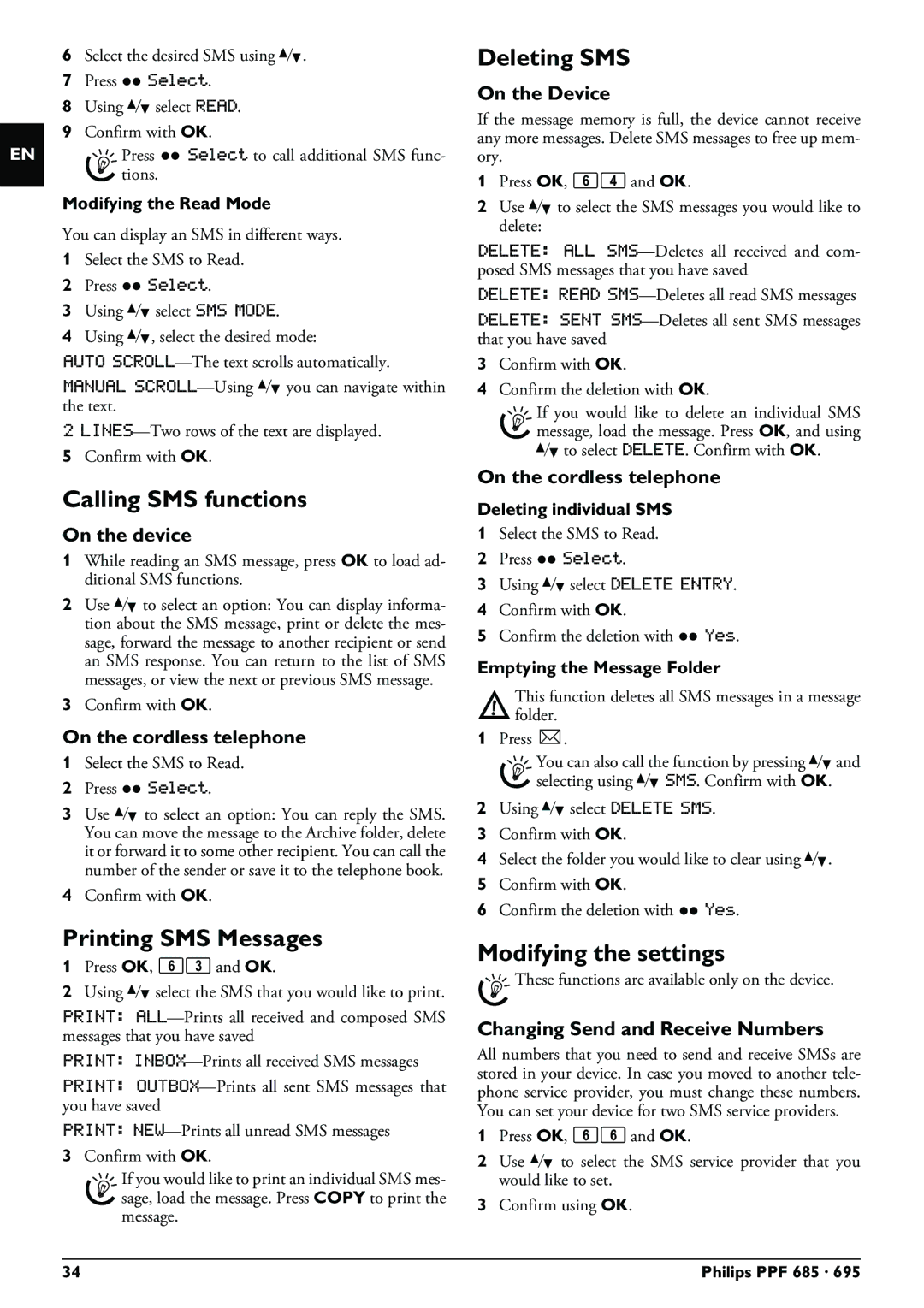 Philips PPF 685, PPF 695 Calling SMS functions, Printing SMS Messages, Deleting SMS, Changing Send and Receive Numbers 