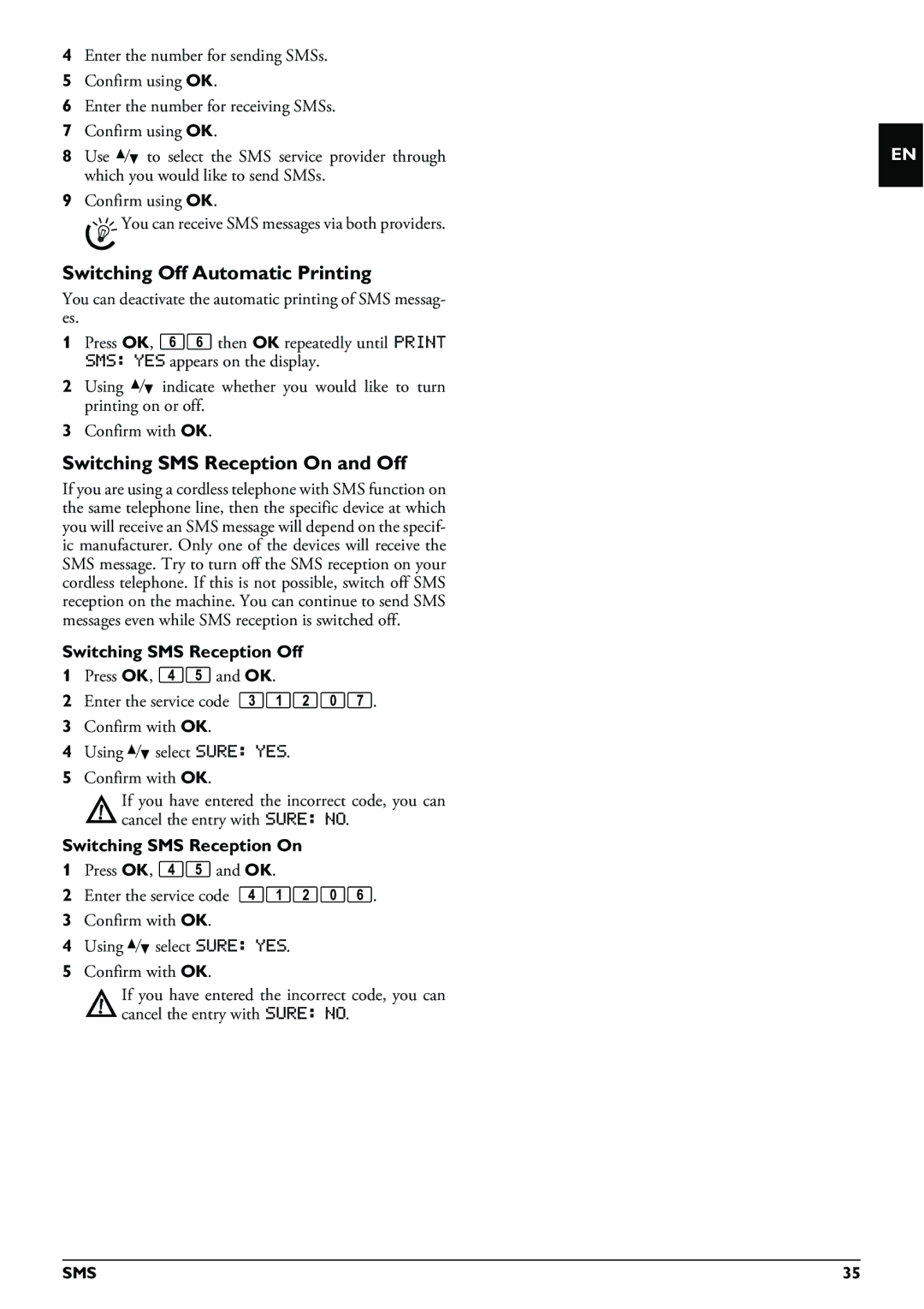 Philips PPF 695, PPF 685 Switching Off Automatic Printing, Switching SMS Reception On and Off, Switching SMS Reception Off 