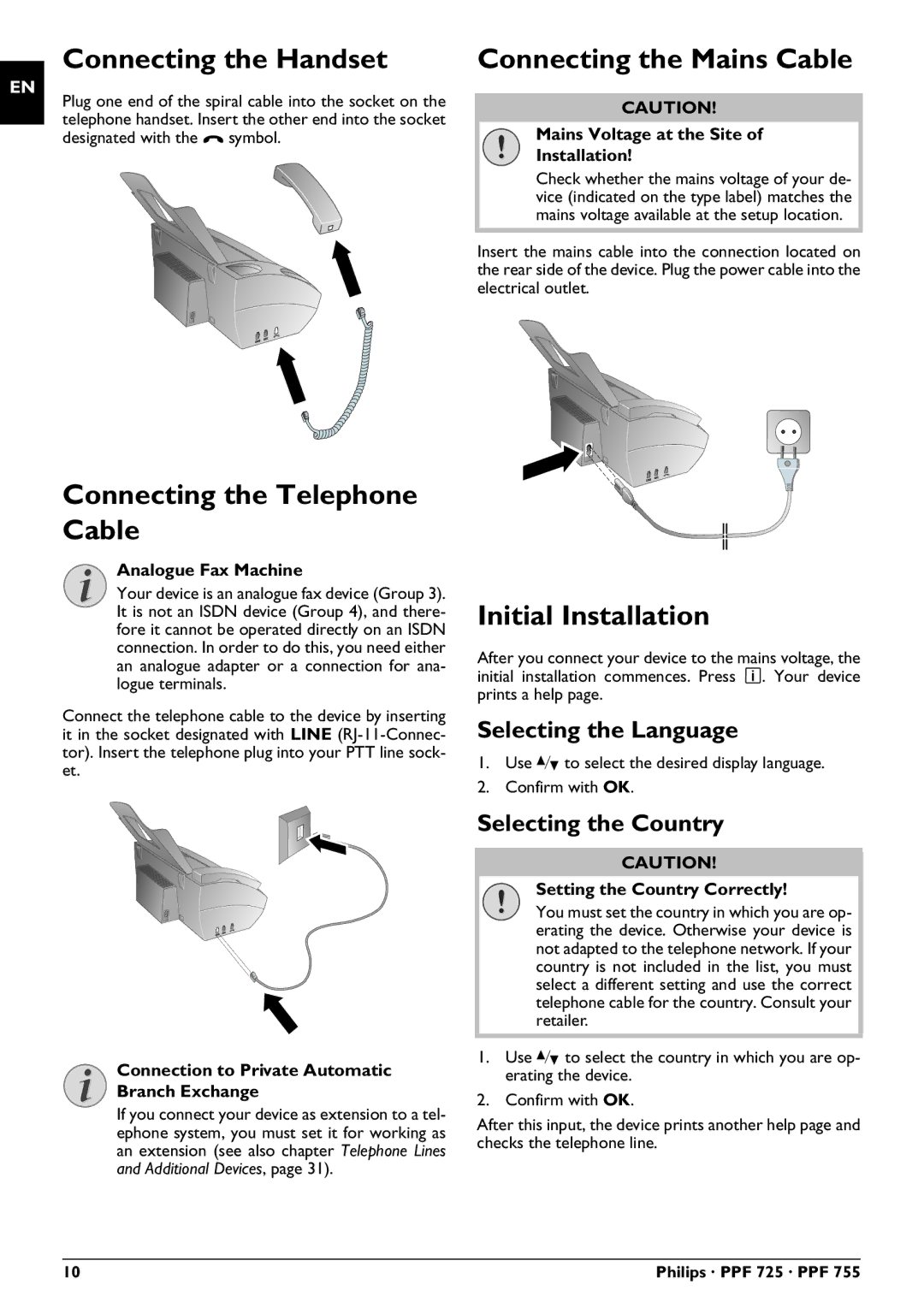 Philips PPF 755 Connecting the Handset, Connecting the Mains Cable, Connecting the Telephone Cable, Initial Installation 