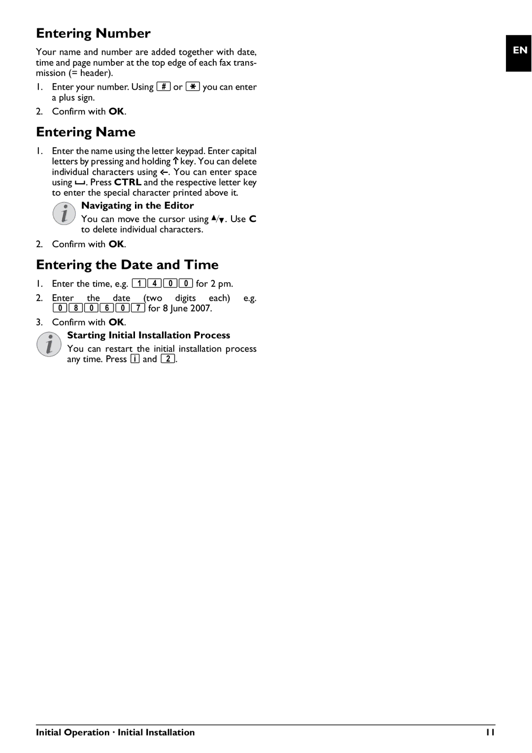 Philips PPF 725, PPF 755 user manual Entering Number, Entering Name, Entering the Date and Time, Navigating in the Editor 