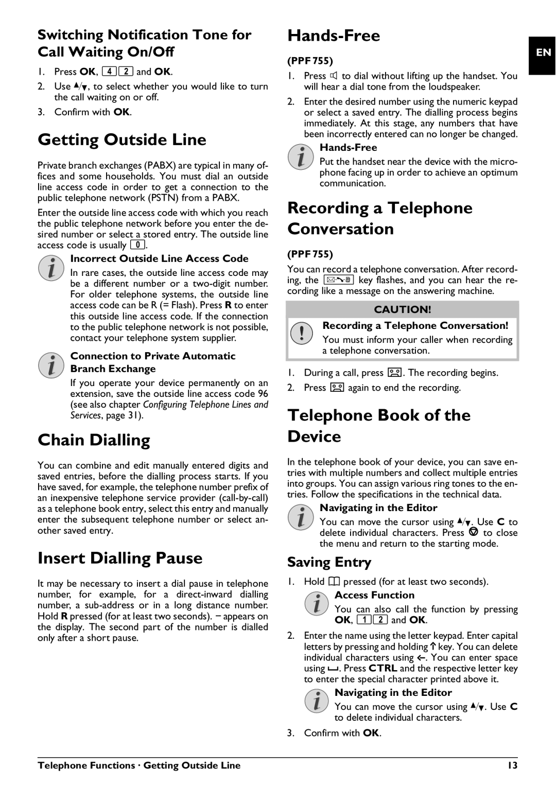 Philips PPF 725 Getting Outside Line, Chain Dialling, Insert Dialling Pause, Hands-Free, Telephone Book of the Device 