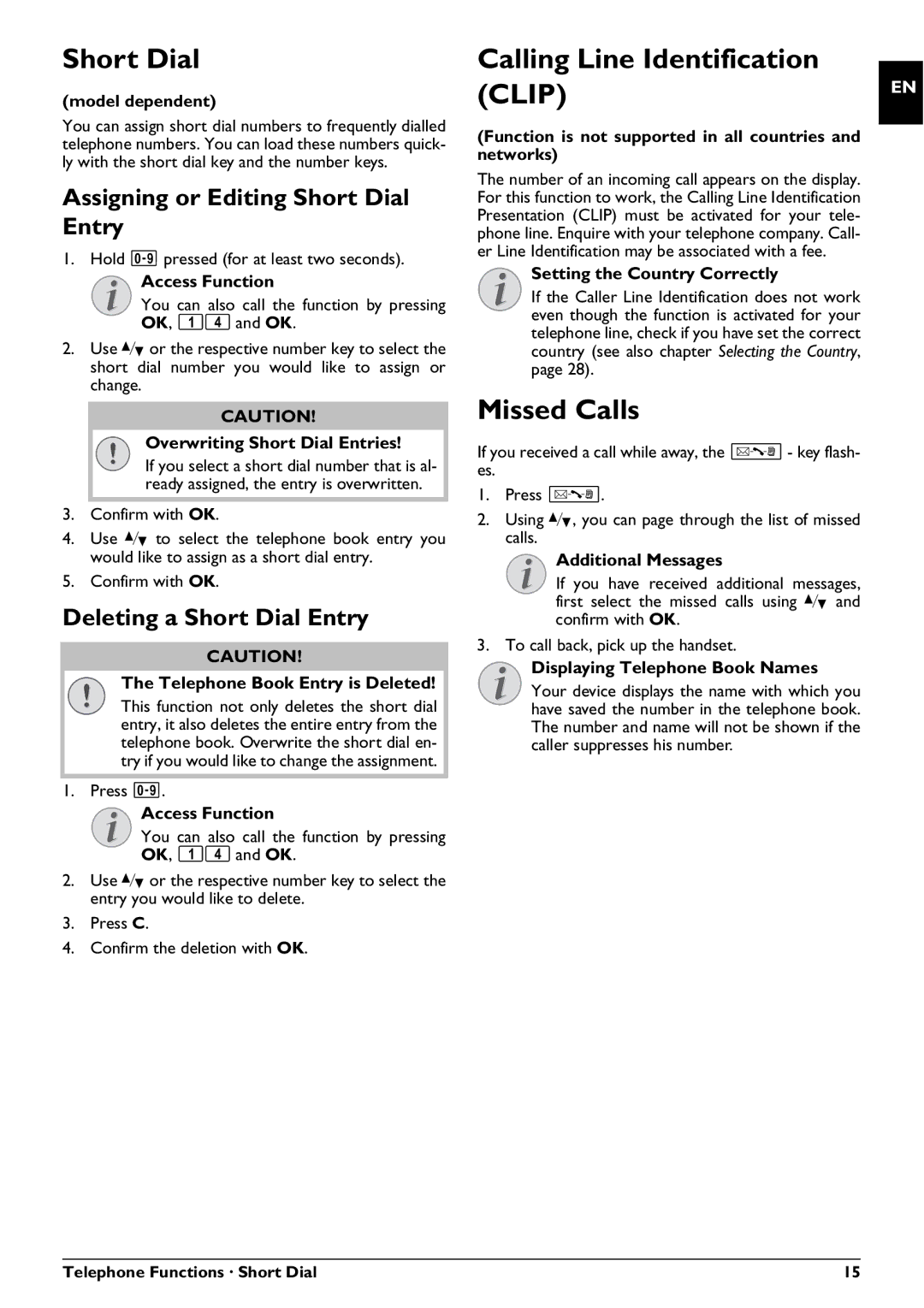 Philips PPF 725, PPF 755 Calling Line Identification Clip, Missed Calls, Assigning or Editing Short Dial Entry 