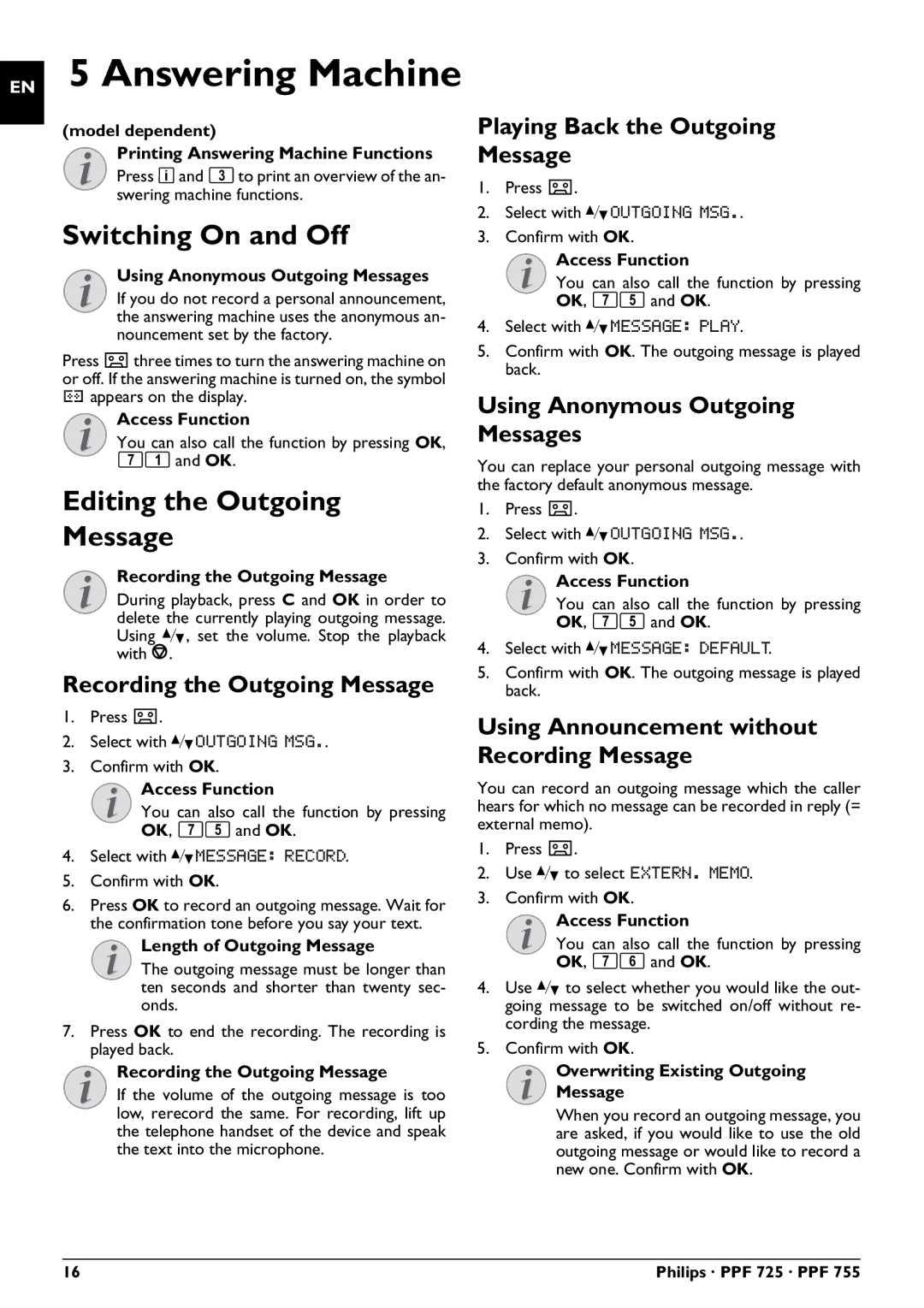 Philips PPF 755, PPF 725 user manual Answering Machine, Switching On and Off, Editing the Outgoing Message 