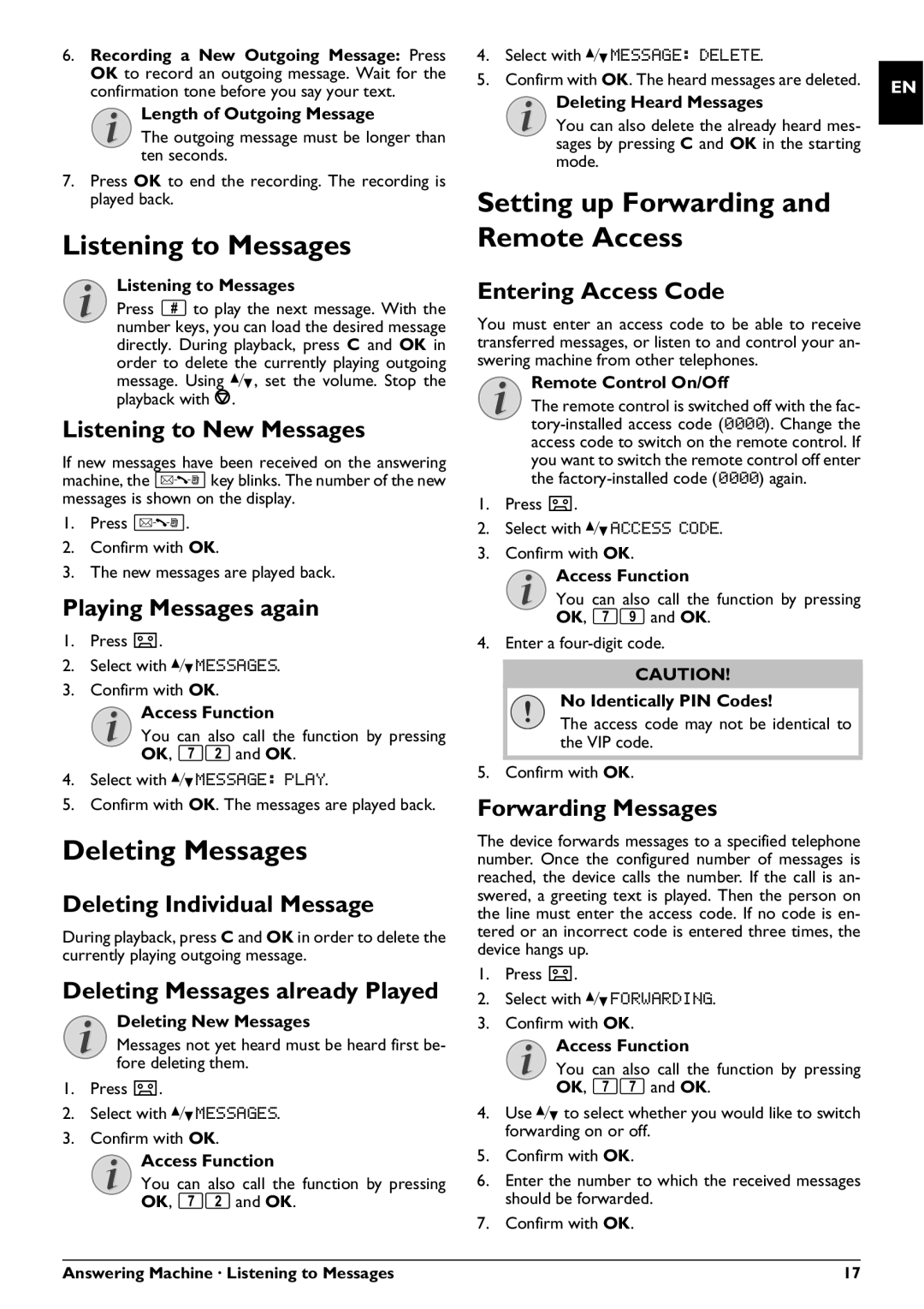 Philips PPF 725, PPF 755 user manual Listening to Messages, Deleting Messages, Setting up Forwarding and Remote Access 