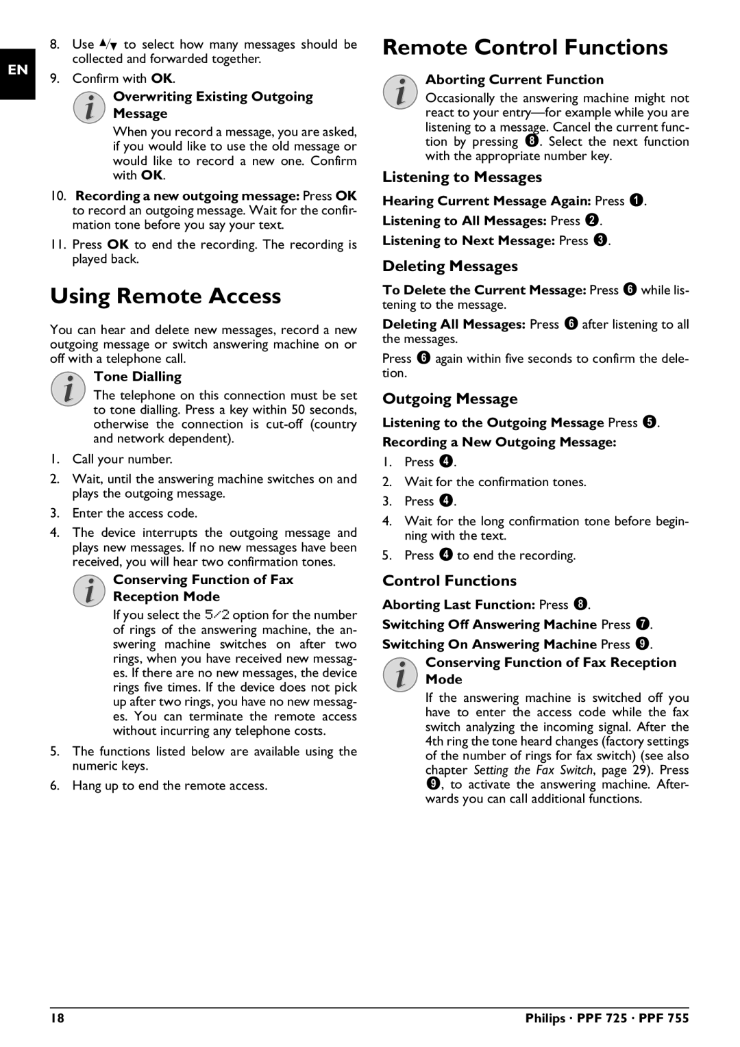 Philips PPF 755, PPF 725 user manual Using Remote Access, Remote Control Functions 