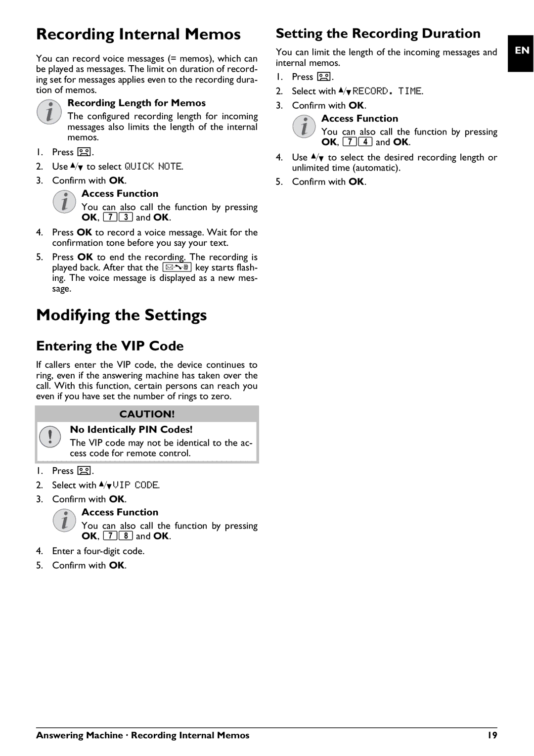 Philips PPF 725 Recording Internal Memos, Modifying the Settings, Entering the VIP Code, Setting the Recording Duration 