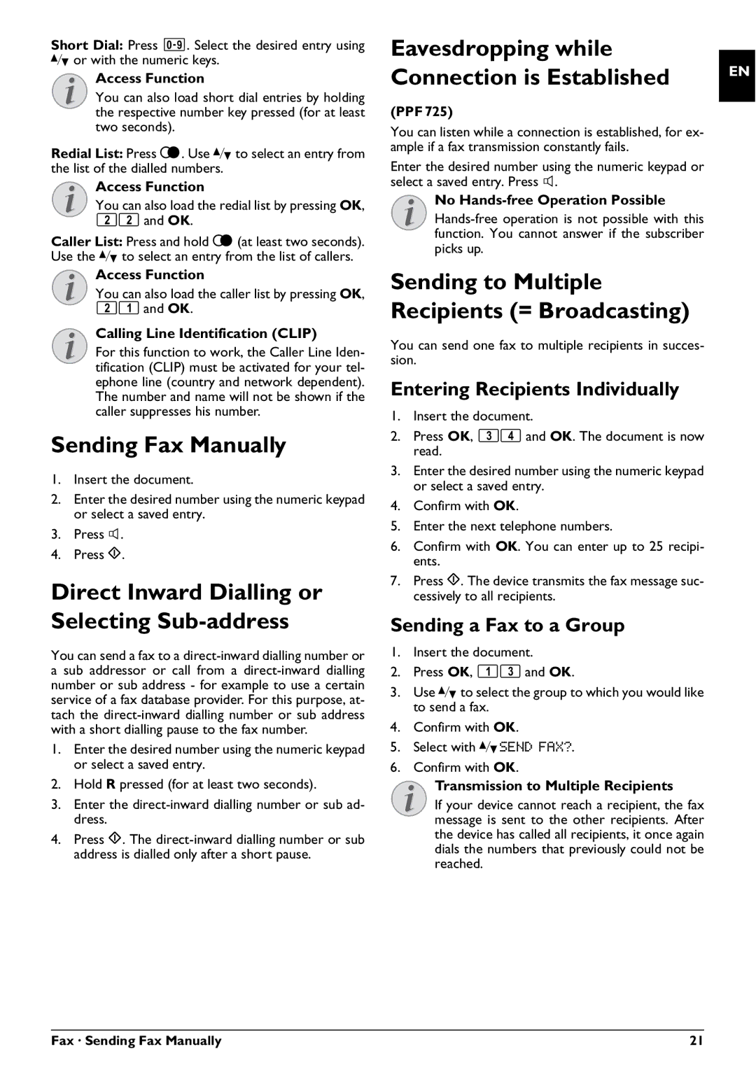 Philips PPF 725, PPF 755 user manual Sending Fax Manually, Direct Inward Dialling or Selecting Sub-address 