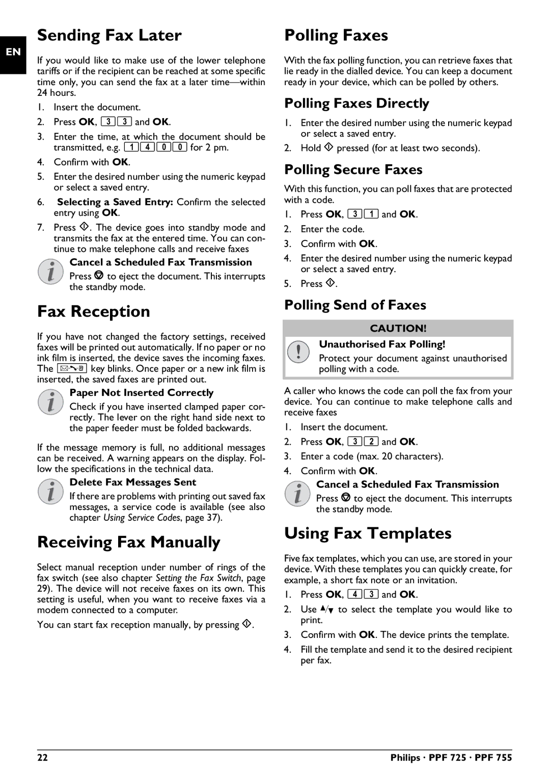 Philips PPF 755, PPF 725 Sending Fax Later, Fax Reception, Receiving Fax Manually, Polling Faxes, Using Fax Templates 