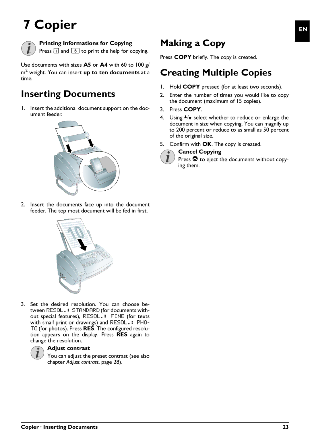 Philips PPF 725, PPF 755 user manual Copier, Inserting Documents, Making a Copy, Creating Multiple Copies 