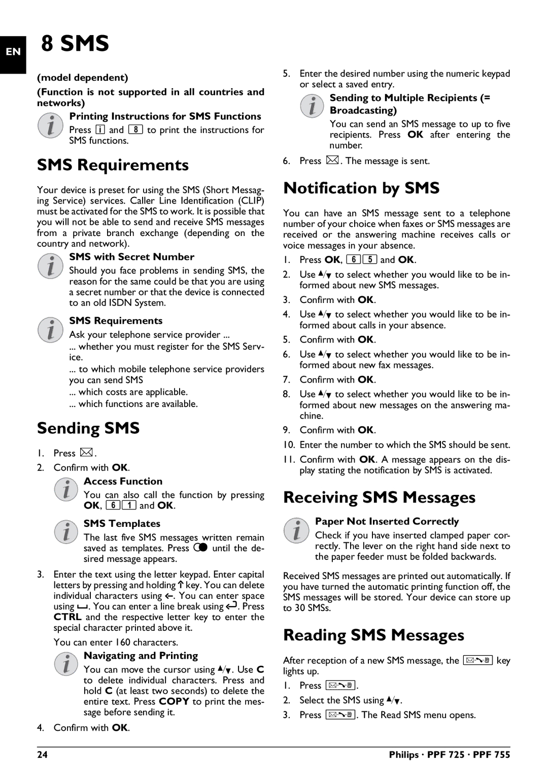 Philips PPF 755, PPF 725 SMS Requirements, Sending SMS, Notification by SMS, Receiving SMS Messages, Reading SMS Messages 